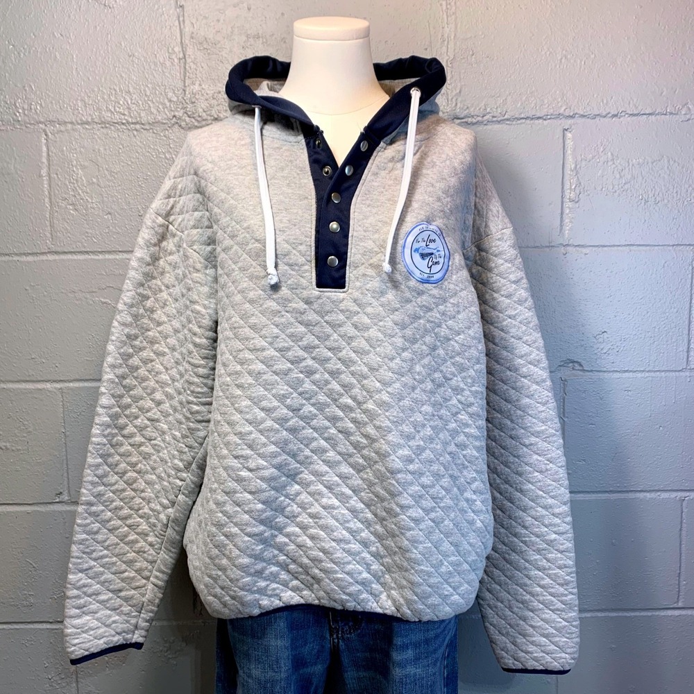 For The Love Of The Game Lacrosse Co Quilted Hoodie Gray Navy Henley Womens M